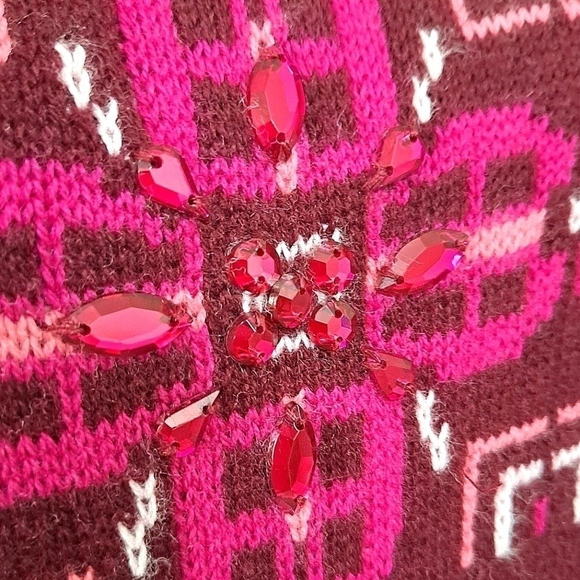 Talbots Pink Lambswool Womens Fair isle knit Crew Neck Beaded crystal sweater M - Picture 14 of 16